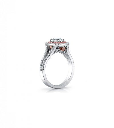 14k white gold engagement ring with pink diamond halo
